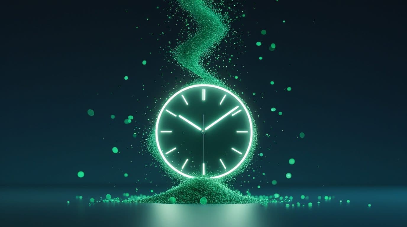 Leuchtende Uhr aus grünen Partikeln – Symbol für selbstbestimmte Arbeitszeit