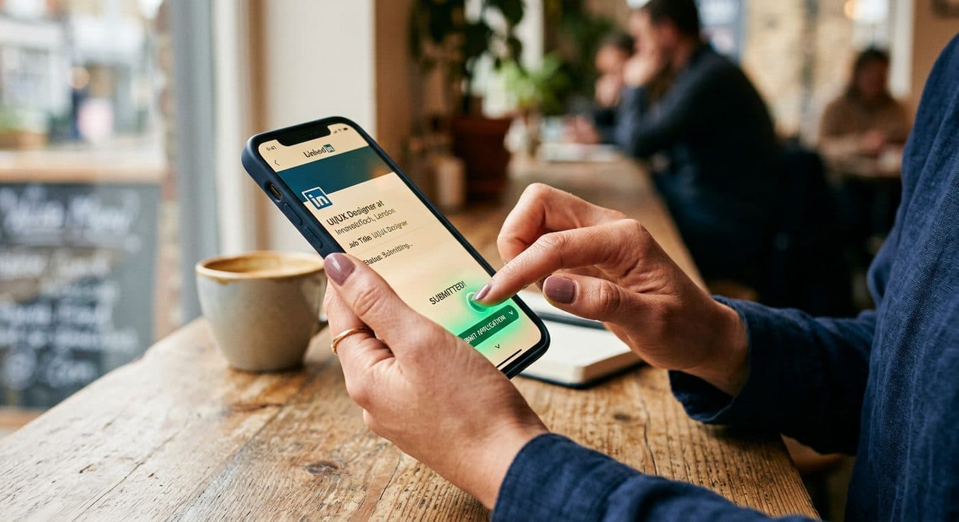 Person bewirbt sich unterwegs per Smartphone im Café