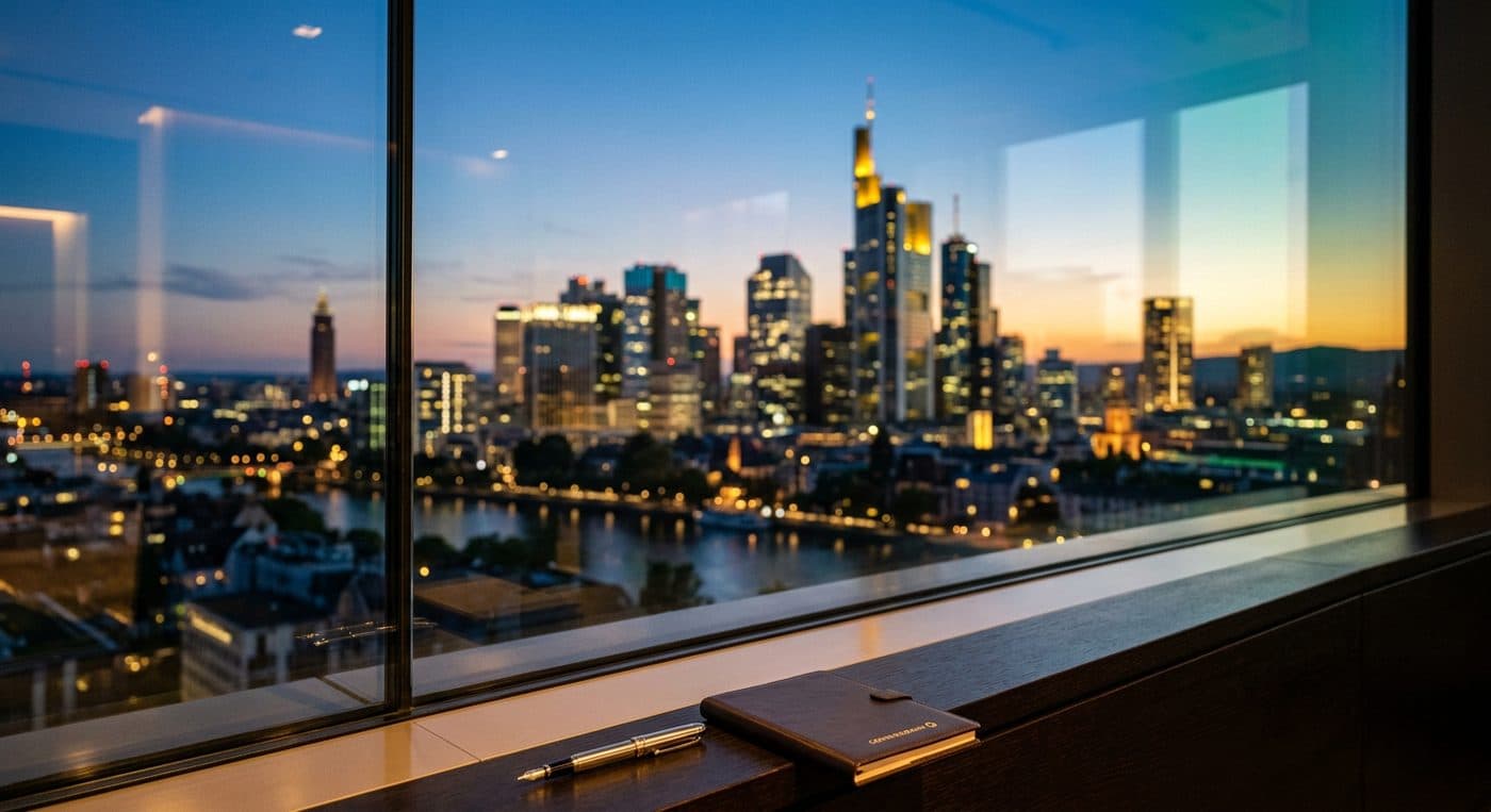 Frankfurter Skyline in der Dämmerung