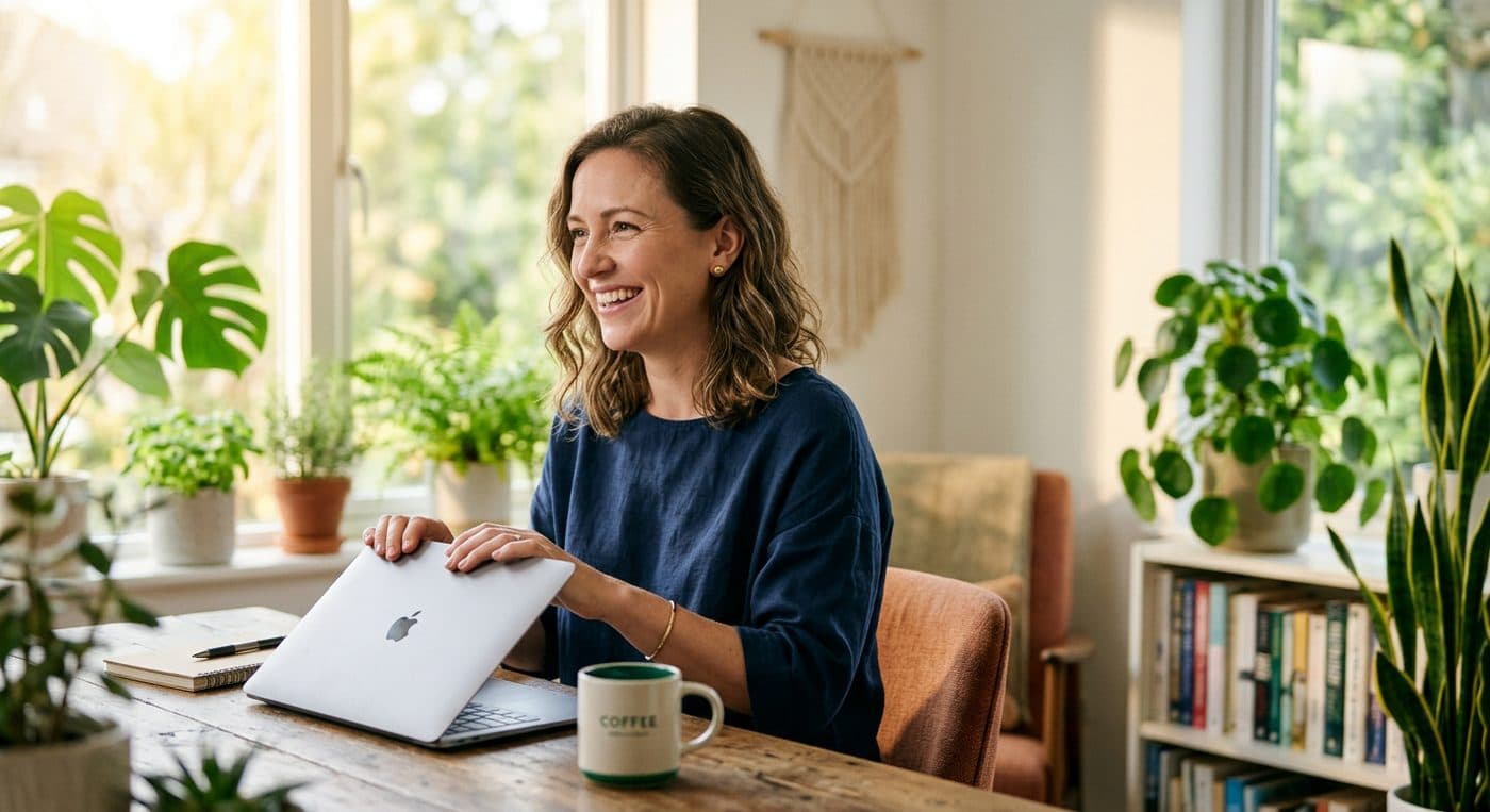 Jobsuchende arbeitet konzentriert im hellen Homeoffice